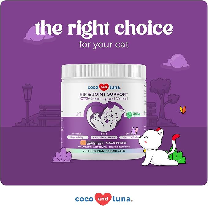 Glucosamine for Cats - 4.23oz/120g Powder - Hip and Joint Supplement for Cats with Green Lipped Mussel, MSM, Chondroitin, and Vitamin E (for Cats) CocoandLuna