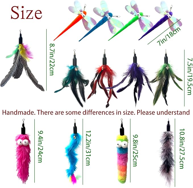Cat Worm Toy Refills Cats Teaser Toys Wand Replacement Cat Wand Attachments 13Pcs Cat Worms and Dragonfly Refill,Cat Wand Toy Assorted Teaser Refills with Bell (13Pcs) - PAWPICO