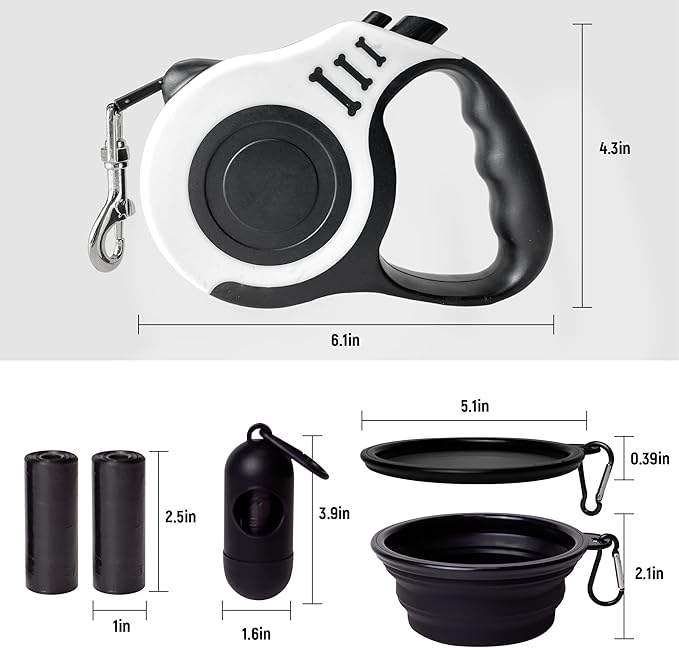 Retractable Dog Leash Automatic Telescopic Tractor Dog Tape, Pet Tape 10/16 FT Durable and Convenient, with Folding Bowl, Dispenser, Rubbish Bags, Suitable for Small and Medium Dogs LIEVUIKEN
