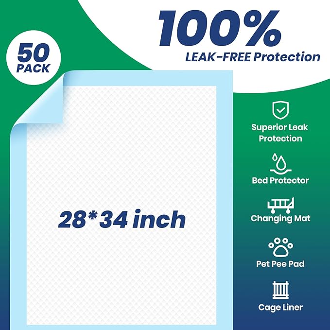 Bed Pads Disposable [50-Pack] Underpads 28x34 Incontinence Heavy Duty Chux Pads Absorbent Polymer Protective Bed Pads, Pee Pads for Kids, Adults & Elderly, Leak Proof - PAWPICO