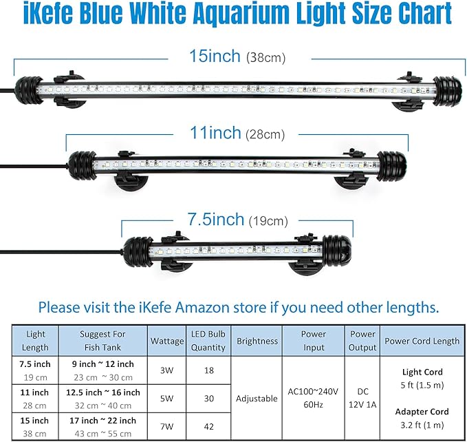 iKefe 7.5" White & Blue Submersible LED Aquarium Fish Tank Light with Timer/Dimmable Underwater Fish Tank Aquarium LED Lights Fixture for Saltwater Freshwater Fish, Plant Grow, Coral Reef Decorations iKefe