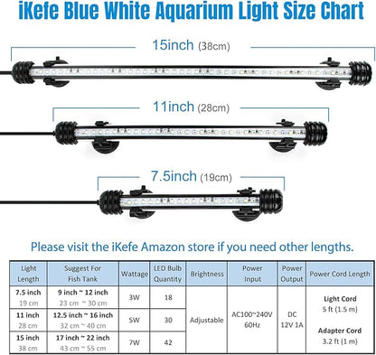 iKefe 7.5" White & Blue Submersible LED Aquarium Fish Tank Light with Timer/Dimmable Underwater Fish Tank Aquarium LED Lights Fixture for Saltwater Freshwater Fish, Plant Grow, Coral Reef Decorations iKefe