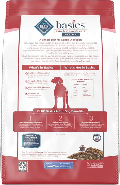 Blue Buffalo Basics Adult Dry Dog Food for Skin & Stomach Care, Limited Ingredient Diet, Made in the USA with Natural Ingredients, Salmon & Potato Recipe, 11-lb. Bag - PAWPICO