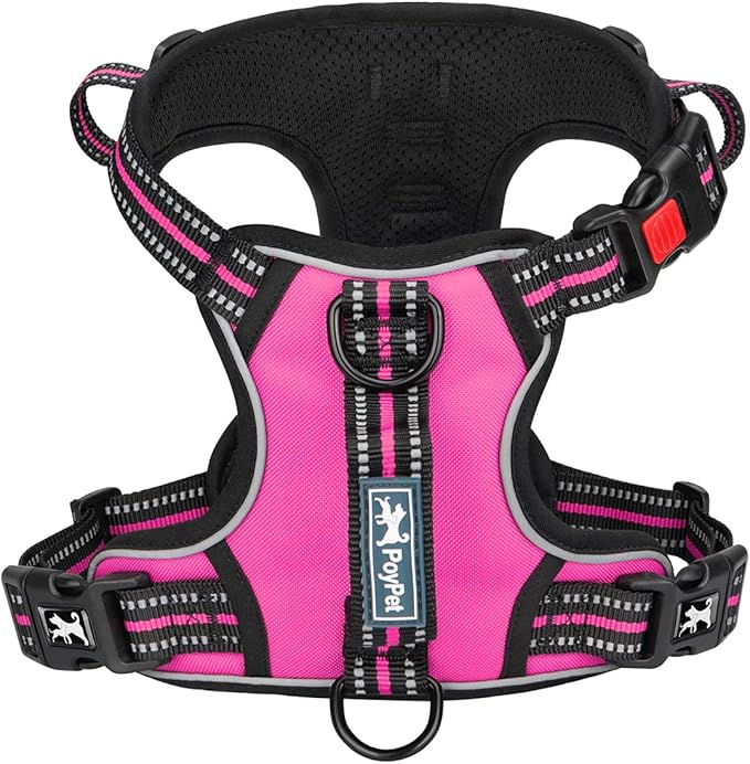 PoyPet No Pull Dog Harness, No Choke Front Clip Reflective Dog Vest with Soft Padded Vertical Handle, 3 Leash Attachments for Small Medium Large Dogs (Pink,XL) PoyPet