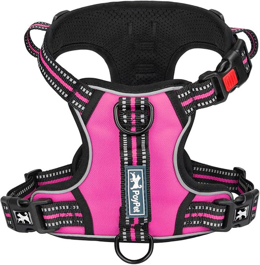 PoyPet No Pull Dog Harness, No Choke Front Clip Reflective Dog Vest with Soft Padded Vertical Handle, 3 Leash Attachments for Small Medium Large Dogs (Pink,S) PoyPet