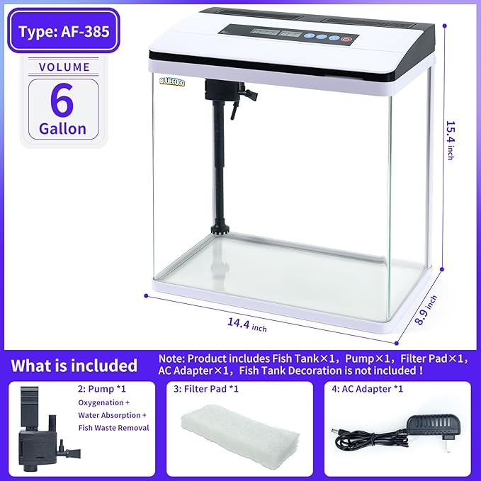 6 Gallon Glass Aquarium Fish Tank Starter Kit with Temperature and Time Display for Betta Fish Featuring Crystal Clear 360° Viewing, Eco-Cycle Filtration, Air Pump Bluecoco