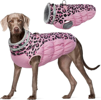 FUAMEY Dog Winter Coat,Dog Cold Weather Coats Dog Jackets with Zipper on Back with Harness Built in Dog Paded Vest Water Resistant Reflective Jacket for Small Medium Large Dogs Pink Leopard XXL - PAWPICO