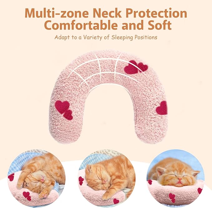 ucho Pillow for Cats, Ultra Soft Fluffy Pet Calming Toy Half Donut Cuddler, U-Shaped Pillow for Pet Cervical Protection Sleeping Improve (Pink Heart) ucho