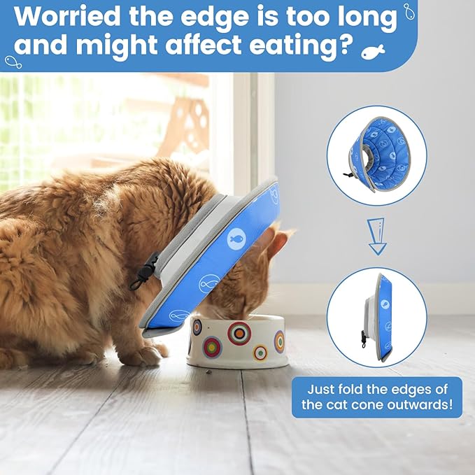 Cat Cone Collar Soft, Cat Cones to Stop Licking, Adjustable Cat Cone Water Resistant, Foldable, Adjustable, Lightweight (Blue Fish, Medium) IDOGCHEW