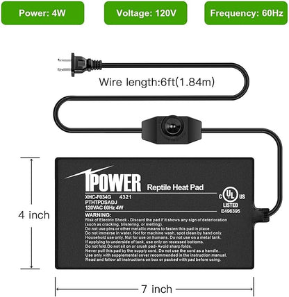 iPower 4 by 7-Inch 4 Watts Reptile Heating Mat with Temperature Controller Under Tank Warmer Terrarium Heat Pad for Reptiles and Amphibians, Black iPower