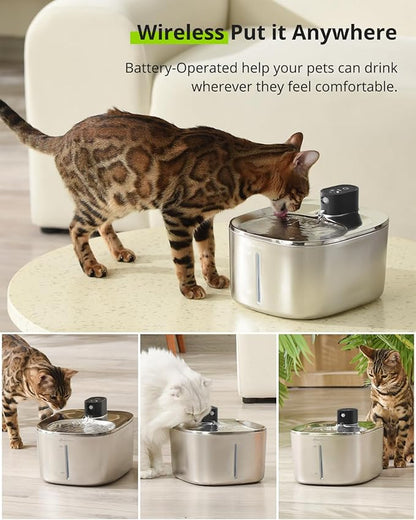 Wireless Cat Water Fountain, 135 fl oz/4L Stainless Steel Cat Fountain Battery Operated with Water Level Window, 3 Work Modes, Cordless Pet Fountain for Cats, Dogs, Pets, Inside, Black - PAWPICO
