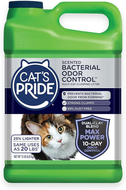 Cat's Pride Max Power: Bacterial Odor Control - Up to 10 Days of Powerful Odor Control - Strong Clumping - 99% Dust Free - Multi-Cat Litter, Fresh Scented, 15 Pounds - PAWPICO