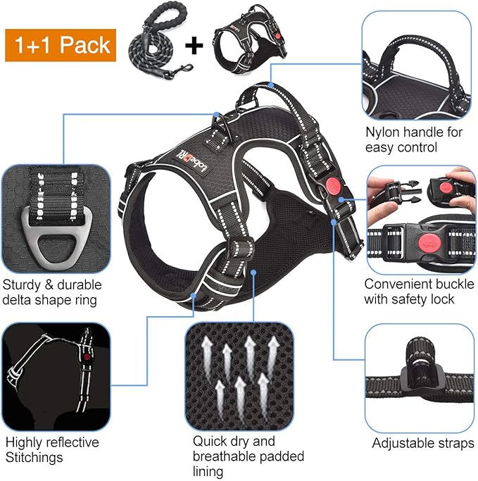tobeDRI No Pull Dog Harness Adjustable Reflective Oxford Easy Control Medium Large Dog Harness with A Free Heavy Duty 5ft Dog Leash (XL (Neck: 21.5"-33", Chest: 30"-39.5"), Black Harness+Leash) - PAWPICO