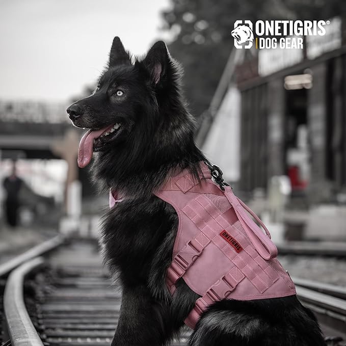 OneTigris Tactical Dog Harness for Small Dog, No Pull Small Dog Vest Harness with Handles Breathable Military Dog Molle Vests, Harness for Walking Hiking Training (Pink, Large) OneTigris