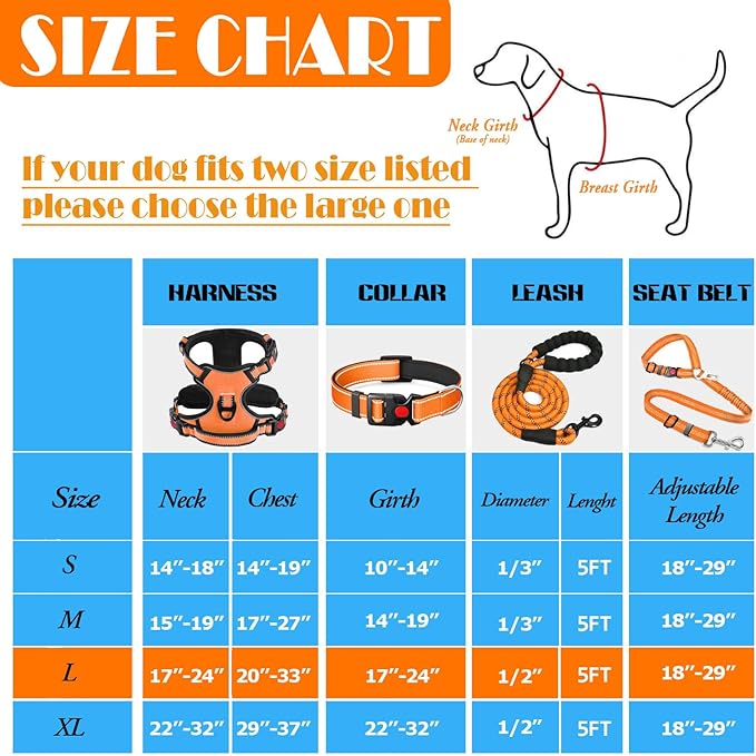 No Pull Dog Harness, Collar & Leash Set | Includes Dog Seat Belt, Collapsible Bowls & Poop Bag Dispenser. Ideal for Training, Walking, Hiking. Fits Small to Large Dogs(Orange-L) Lovebegetslove