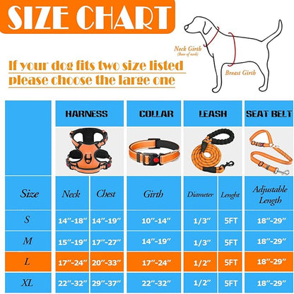 No Pull Dog Harness, Collar & Leash Set | Includes Dog Seat Belt, Collapsible Bowls & Poop Bag Dispenser. Ideal for Training, Walking, Hiking. Fits Small to Large Dogs(Orange-L) Lovebegetslove