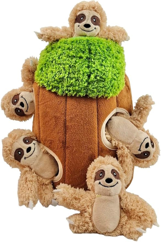 Sloth in Tree Hide and Seek Dog Toy for Small and Medium Size Dogs, Plush Sloth Inside Trunk Dog Toy with Squeaker, Interactive Burrow Dog Toy (Tree with Sloths, Large) - PAWPICO