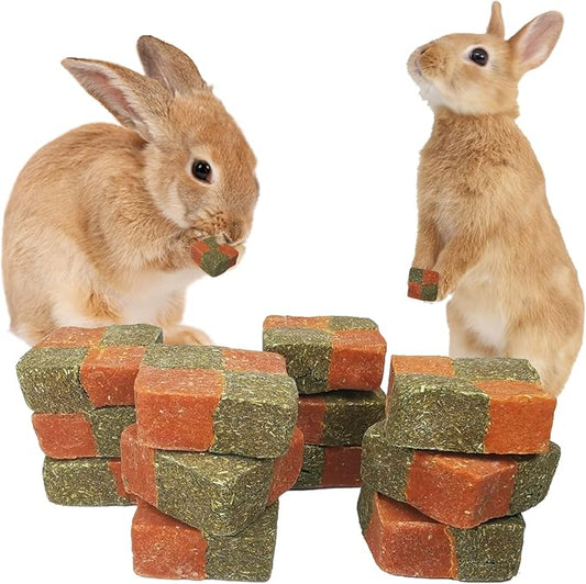 Fhiny 12 PCS Rabbit Carrots Chew Toys, Natural Timothy Hay Biscuit Cubes Rabbit Carrot Molar Treats Small Pet Snacks for Bunny Hamster Chinchilla Guinea Pig or Other Small Animals Fhiny