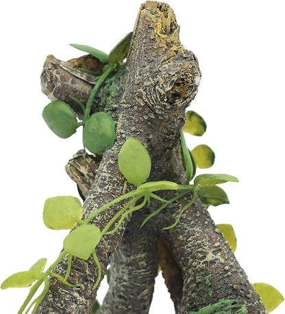 AQUA KT Reptile Corner Branch with Green Leaves Terrarium Desert Habitat Decoration for Lizard Snake Bearded Dragon Chameleon Hermit Crab Leopard Gecko Amphibian Climbing AQUAKT