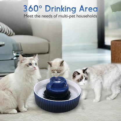 Ceramic Cat Water Fountain, 2.1L/71oz Cat Fountain with 3 Carbon Filters and 2 Water Pumps, Cupcake Pet Water Fountain for Cats and Dogs (Dark Blue) - PAWPICO
