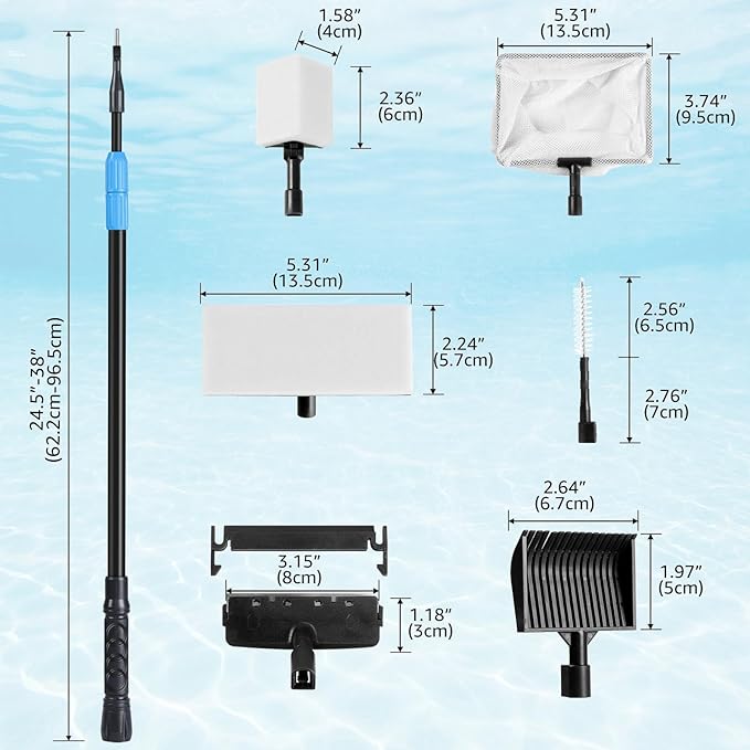 AquaMiracle 6 in 1 Aquarium Cleaning Tool Kit Fish Tank Cleaning Kit for 20-160 Gallon Tank with Telescopic Long Handle, Algae Scraper, Scrubber Pads, Tube Cleaner, Fish net, Gravel Rake AquaMiracle