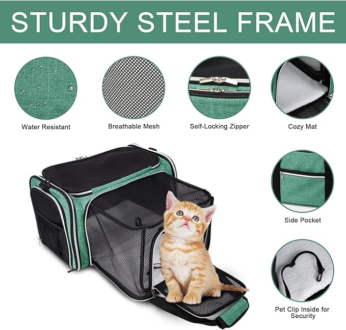 BAGLHER Cat Carrier Bag,Airline Approved Pet Carrier Soft Side Pet Travel 5 Sides Open Doors 3 Sides Expandable Foldable Dog Carrier with Fleece Pad - PAWPICO