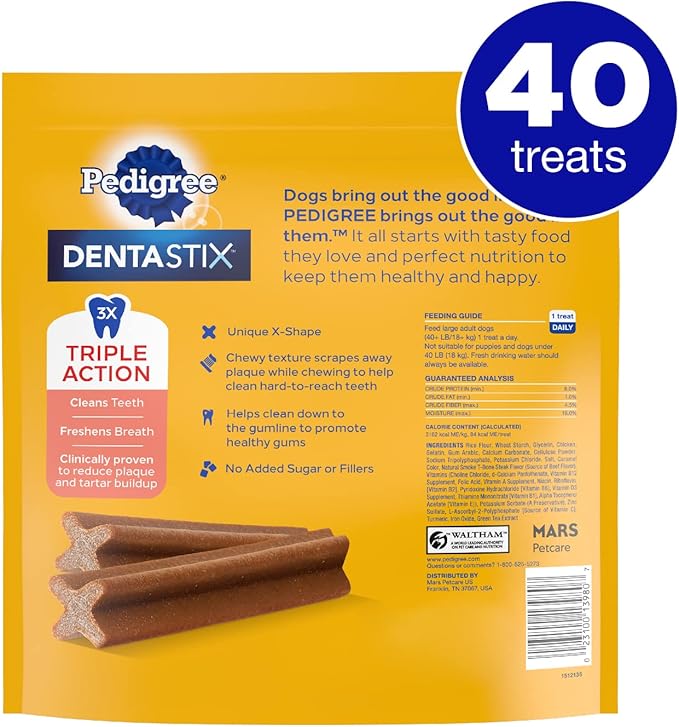 PEDIGREE DENTASTIX Large Dog Dental Treats Beef Flavor Dental Bones, 2.08 lb. Value Pack (40 Treats) Pedigree