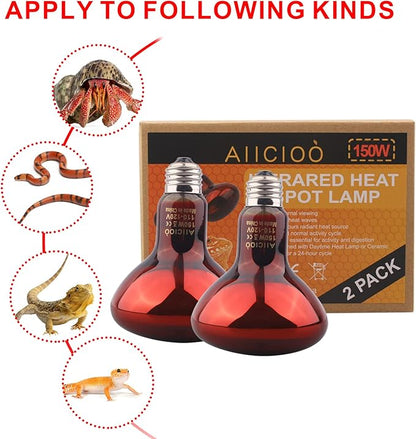 Aiicioo Reptile Red Night Light Bulb - 150W Reptile Heat Lamp Bulb Infrared Basking Spot Lamp for Bearded Dragon Lizard Turtle Hermit Crab Leopard Gecko Snake Chameleon Tank AIICIOO
