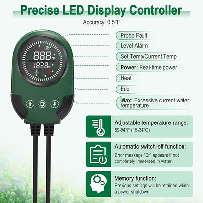 AQQA Aquarium Heater, 300W/500W/800W Submersible Fish Tank Heater with PTC Rapid Heating, Precise Digital Temperature Controller, LED Display with Memory Function for Up to 250 Gallon Freshwater Tank AQQA