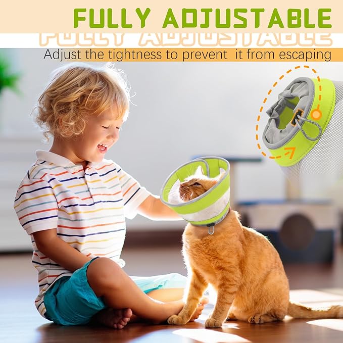 Cat Cone, Breathable Cat Cone Collar Soft, Adjustable Cat Cone to Stop Licking, Water Resistant Neck Cone for Cats with Air Mesh, Protective Cat Recovery E Collar for Cat Kitten（Green,M-04 GoGoPaw