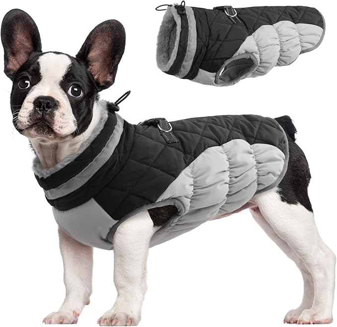 FUAMEY Warm Winter Dog Jacket with Built-in Harness, Waterproof Windproof Reflective Fleece Vest with Zipper for Medium Dogs - Black - PAWPICO