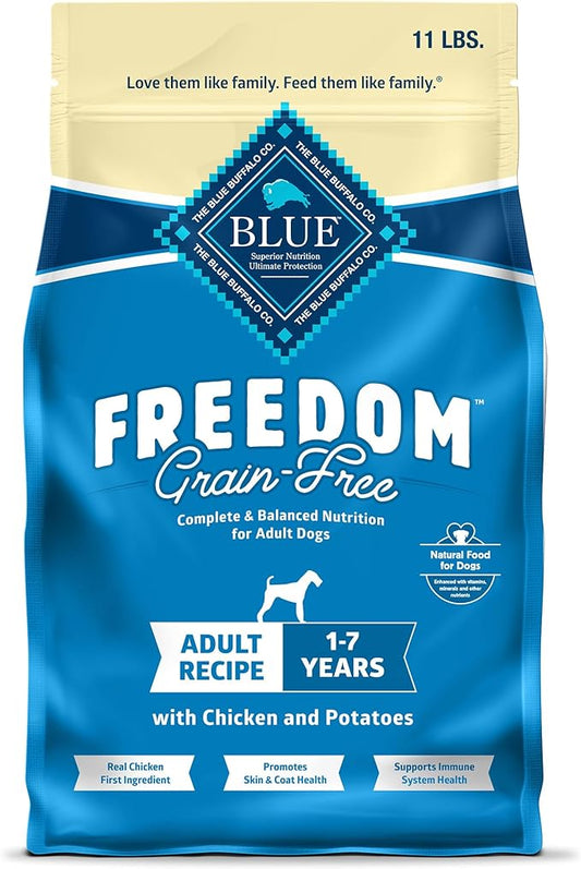 Blue Buffalo Freedom Grain-Free Dry Dog Food, Complete & Balanced Nutrition for Adult Dogs, Made in the USA With Natural Ingredients, Chicken & Potatoes, 11-lb Bag - PAWPICO