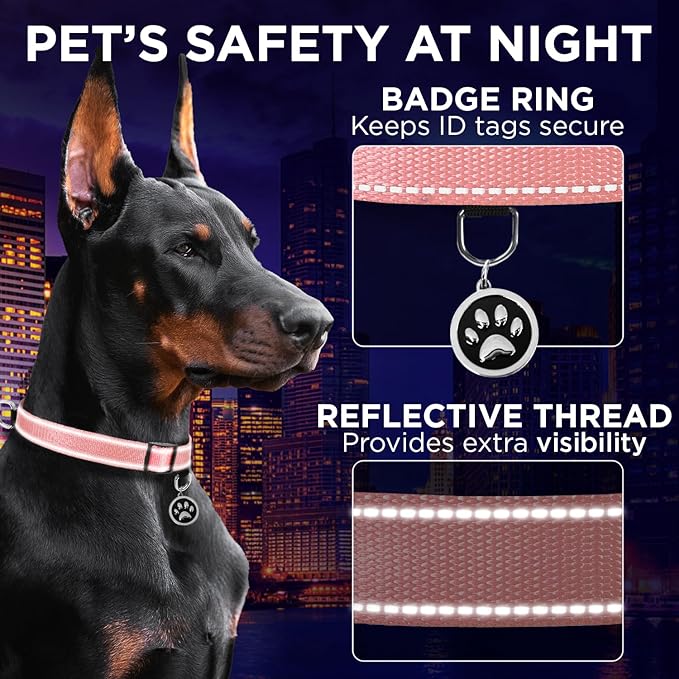 TECEUM Reflective Pet Collar – Pink – S – Basic Nylon Dog Collar – Quick Release Buckle – Fits Small, Medium and Large Dogs, Puppies, Cats – ESA & Service Dog Options TECEUM