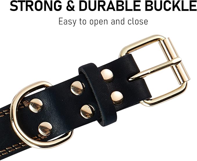 Dog Collar, Genuine Leather Dog Collar, Heavy Duty Dog Collar, Wide Dog Collar for Small Dog, Medium Dog, Large Dog and Extra Large Dog (M: 1" Wide for 15.2"-19.2" Neck, Dual Stitch - Black) DAIHAQIKO