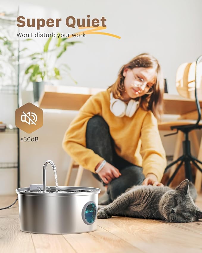 Cat Water Fountain Stainless Steel: Cat Fountain for Drinking - 108oz/3.2L Pet Water Fountain for Cats Indoor - Quiet Water Fountain for Cats - Faucet Pet Fountain - Contains 6 Filters + 3 Sponges - PAWPICO