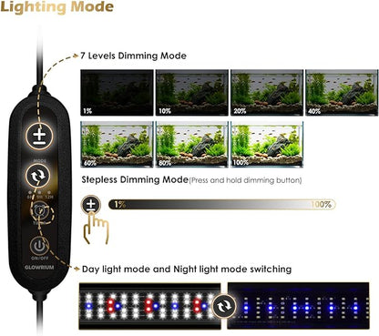 GLOWRIUM Aquarium Light, LED Full Spectrum Freshwater Fish Tank, Daylight/Moonlight Mode and infinitely dimmable, Fish Tank Light with auto-on/Off Timer (36-41 in) GLOWRIUM