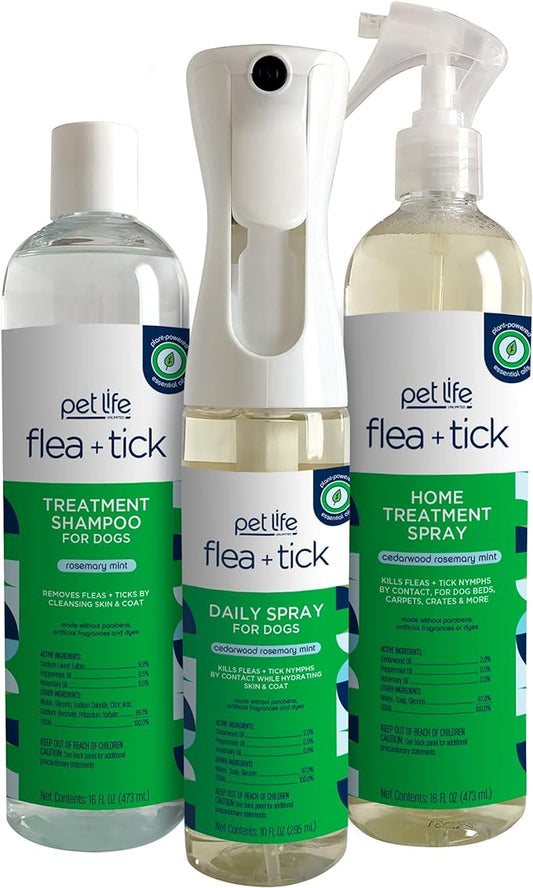 Pet Life Unlimited Natural Flea and Tick 3-Step Kit - Flea and Tick Spray for Dogs, Flea Spray for Home, and Flea and Tick Shampoo for Dogs - Plant-Based Flea and Tick Kit - Made in USA - 3-Step Kit PetLifeUnlimited