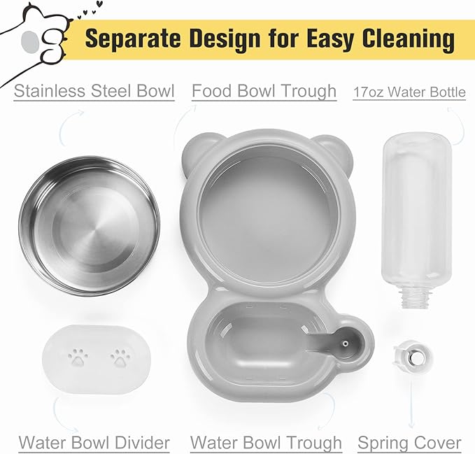 Dog Bowls, Cat Food and Water Bowl Set with Water Dispenser and Stainless Steel Bowl for Cats and Small Dogs - Grey - PAWPICO