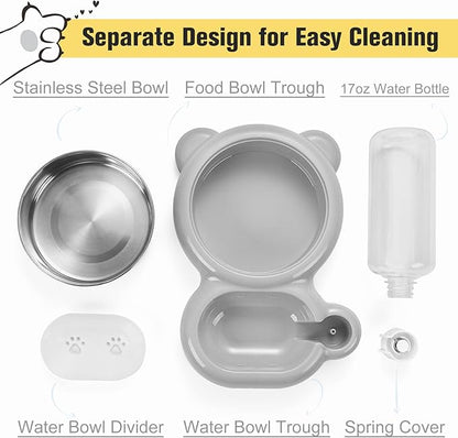 Dog Bowls, Cat Food and Water Bowl Set with Water Dispenser and Stainless Steel Bowl for Cats and Small Dogs - Grey - PAWPICO