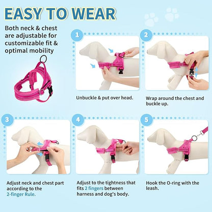 SlowTon No Pull Small Dog Harness and Leash Set, Puppy Soft Vest Harness Neck & Chest Adjustable, Reflective Lightweight Harness & Anti-Twist Pet Lead Combo for Small Medium Dogs (Fuchsia, XS) SlowTon