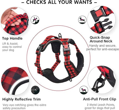 PoyPet No Pull Dog Harness, [Release at Neck] Reflective Adjustable No Choke Pet Vest with Front & Back 2 Leash Attachments, Soft Control Training Handle, Plaid(Checkered Red, S) PoyPet