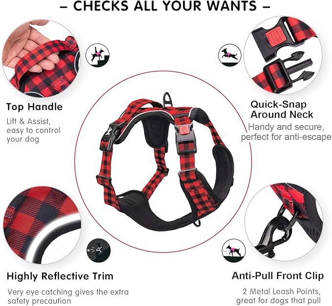 PoyPet No Pull Dog Harness, [Release at Neck] Reflective Adjustable No Choke Pet Vest with Front & Back 2 Leash Attachments, Soft Control Training Handle, Plaid(Checkered Red, M) PoyPet
