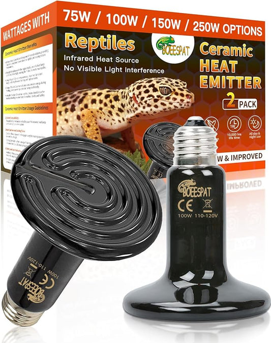 100W Ceramic Heat Emitter for Day and Night Use, Pack of 2 Reptile Basking Heat Lamp for Bearded Dragon, Lizard, Iguana & Amphibians (Black, 100 Watts) BOEESPATDirect