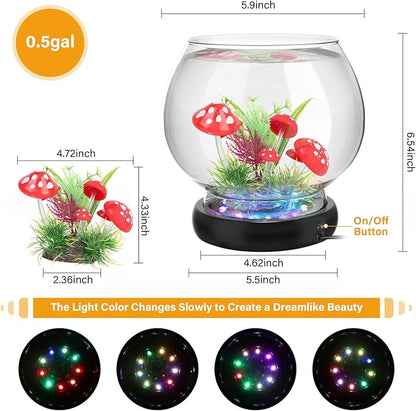 hygger 0.5 Gallon/1 Gallon Glass Fish Bowl with LED Light and Decor, Small Round Betta Fish Tank Goldfish Bowl, Round Clear Unbreakable Aquarium/Vase/Hydroponic Plant Terrarium, Nice Centerpieces hygger