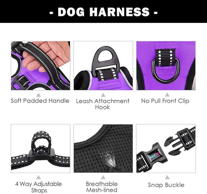 PHOEPET No Pull Dog Harnesses for Small Dogs Reflective Adjustable Front Clip Vest with Handle 2 Metal Rings 3 Buckles [Easy to Put on & Take Off](XS, Purple) PHOEPET