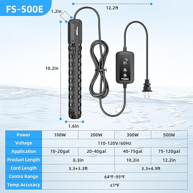 FREESEA Aquarium Heater for Fish Tank: 100W/200W/300W/500W Submersible Fish Tank Heater with Over-Temperature and Off-Water Protection for 75-120 Gallon Saltwater and Freshwater FREESEA