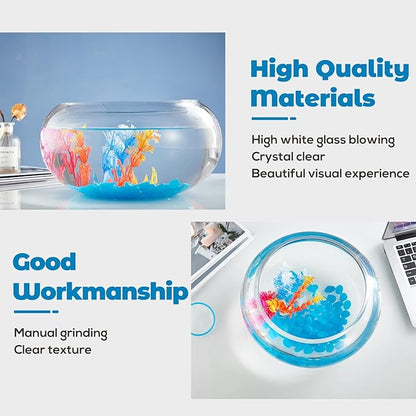 2 Gallon Glass Fish Bowl with Decor, Include Fluorescent Stones & Colorful Plastic Trees, High White Glass for Clear View, Small Fish Bowl/Vase/Aquarium for Betta Fish/Goldfish, Nice Home Décor LAQUAL