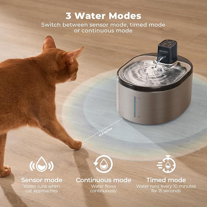 Wireless Cat Water Fountain Stainless Steel, 152oz/4.5L Cat Fountain Battery Operated, Cordless Pet Water Fountain for Cats & Dogs with Motion Sensor, Ultra Quiet Pump, Multi-Filtration - PAWPICO