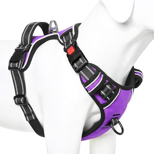 Timos Dog Harness Medium Sized, No Pull Dog Harness with Neck Lockable Snap,No Choke Front Clip Dog Reflective Harness,Adjustable Metal Rings 3 Buckles,Easy Control Handle for Medium Dogs Purple M Timos