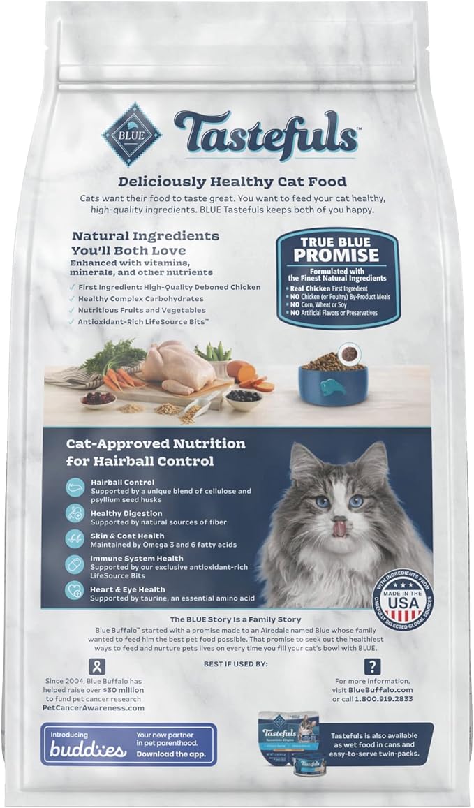 Blue Buffalo Tastefuls Natural Dry Food for Adult Cats, Hairball Control, Chicken & Brown Rice Recipe, 7-lb. Bag - PAWPICO